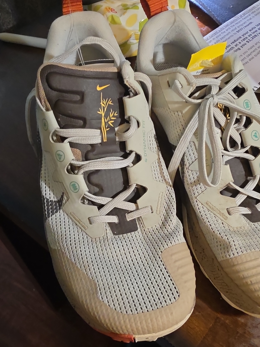 Nike Beige and Brown Trail Running Sneakers with Yellow Accent